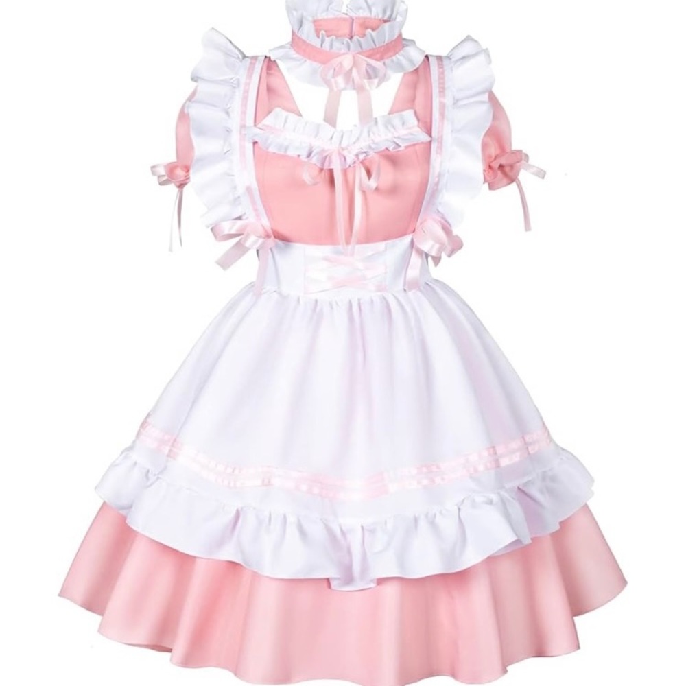 Halloween Costume Pink and White Ruffled French Maid Apron Lolita Dress Sz Small